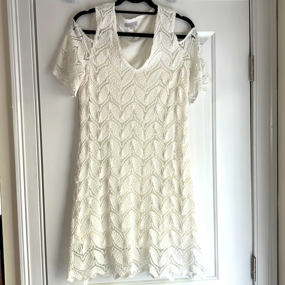 1 State exposed shoulder white lace dress